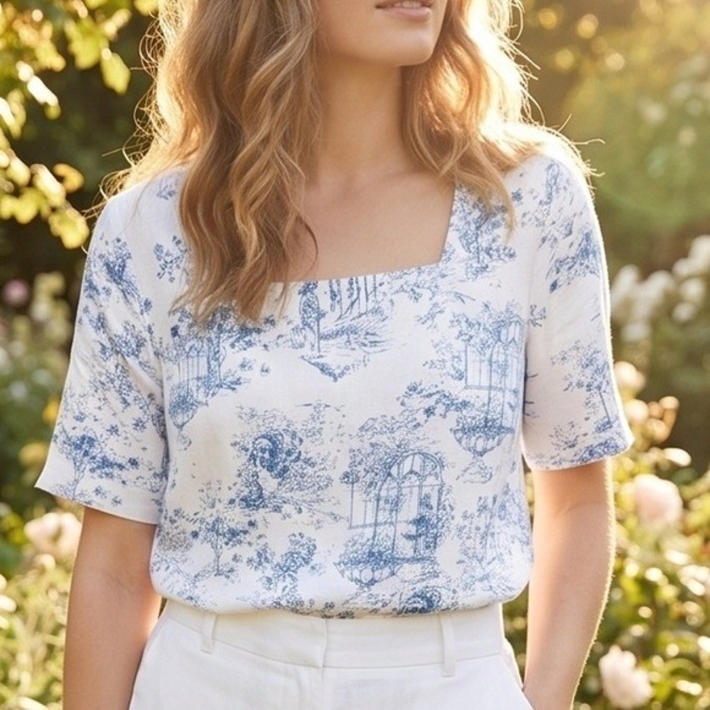 Chicos‎ Womens White Blue Toile Cotton Square Neck Short Sleeve T-Shirt Size 1 M